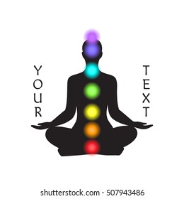 Human silhouette in yoga pose with chakras. Black silhouette isolated on white background with place for vertical text.