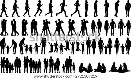 Human silhouettes depicting walking, running, hugging, parenting, family bonding, sitting, relaxing, and social interaction, ideal for lifestyle, relationship, and community-themed vector illustration content