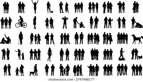 Human silhouettes diverse activities, group interactions vector illustration, modern lifestyle design elements, artistic social behavior profiles collection