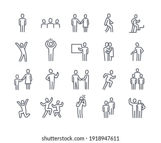 Human silhouettes icon set. Person walking, running, jumping. People shaking hands, climbing stairs, elderly, company leader, friends hugs, mother and child. Flat outline human signs isolated on white