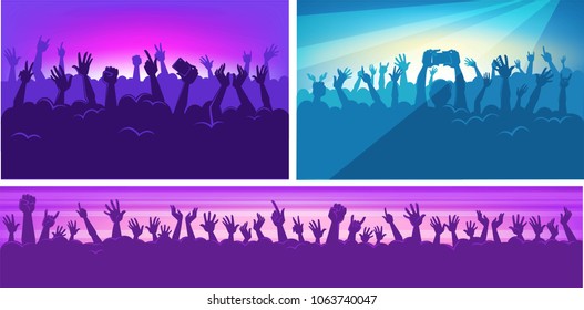 Human Silhouettes In Massive Crowd With Raised Hands That Hold Modern Devices In Colorful Neon Spotlights At Concert Cartoon Flat Vector Illustrations