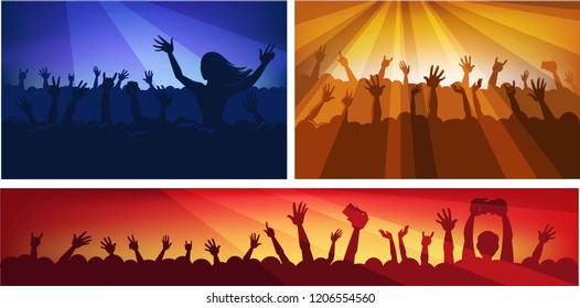 Human silhouettes in massive crowd with raised hands that hold modern devices in colorful neon spotlights at concert cartoon flat vector illustrations