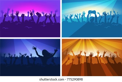 Human silhouettes in massive crowd with raised hands that hold modern devices in colorful neon spotlights at concert cartoon flat vector illustrations