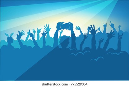 Human Silhouettes In Massive Crowd With Raised Hands That Hold Modern Devices In Colorful Neon Spotlights At Concert Cartoon Flat Vector Illustration