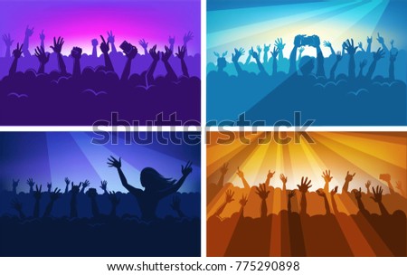 Human silhouettes in massive crowd with raised hands that hold modern devices in colorful neon spotlights at concert cartoon flat vector illustrations