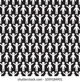 Human silhouettes seamless pattern. Hands up and down. Gymnastics. Sport background. Black and white vector illustration.