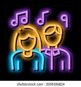 Human Silhouettes Singing Song In Karaoke neon light sign vector. Glowing bright icon transparent symbol illustration