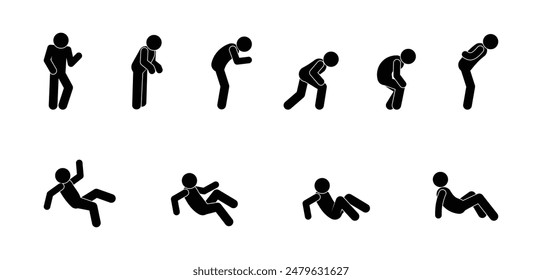 human silhouettes, stickman on a white isolated background, a man bent over and fell