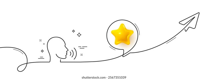 Human sing line icon. Continuous line with share plane. Talk sign. Person speak symbol. 3d star in speech bubble. Human sing single line ribbon. Loop curve pattern. Vector