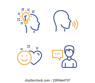 Human sing, Smile and Idea icons simple set. Person talk sign. Talk, Social media like, Creative designer. Communication message. People set. Linear human sing icon. Colorful design set. Vector