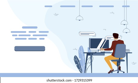 Human sit back, work at the computer, man and work space, message near monitor. Example for web page