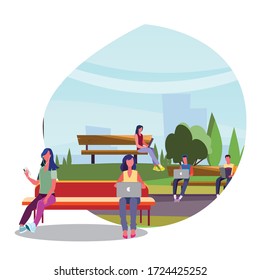un humano se sienta en el jardín y hace distancia social. Virus seguro de la corona. la gente lucha contra el concepto de virus. Plantilla de página de inicio Web.  Adecuado para banners, presentaciones, medios sociales o impresos.