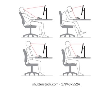 The human sits down and works at the computer. posture.