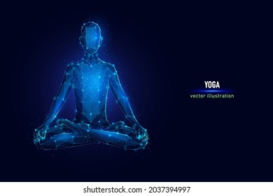 Human sits in yoga pose, lotus pose digital wireframe made of connected dots. Mental health low poly vector illustration on blue background.