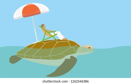 human sitting in a chaise lounge located on turtle