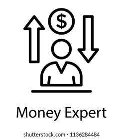 Human sitting with dollar sign on head and two inversely pointing arrows, conceptualizing icon for business goal 