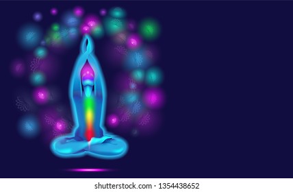 Human sitting in lotus pose. 7 chackras, aura glow. Neon and glowing lotus symbols around. Man or woman meditating in yoga pose.