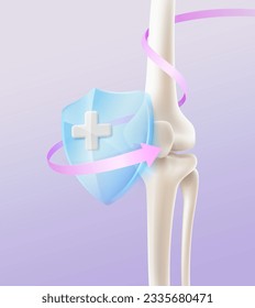 Human skeletal knee front view. Bone protection and treatment by specialized doctors. Realistic illustration of knee and leg bones with glass shield. media to hospitals, doctors.