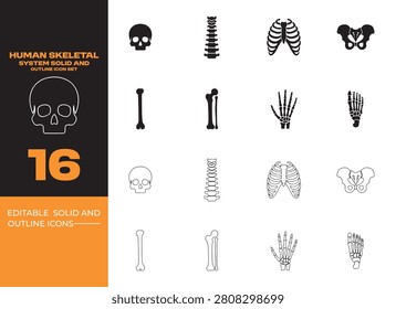 Human skeletal system solid and outline icons representing bones, joints, spine, skull, posture, and anatomical structure education.