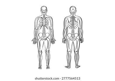 Human skeleton anatomy and bone structure. Skeletal system diagram with skull, spine, rib cage, pelvis, and limbs within a male silhouette. Orthopedics, biology, and healthcare sketch vector