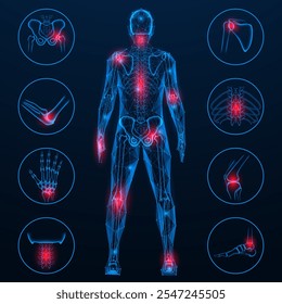 Human skeleton from the back, joint pain. Polygonal design of lines and dots. Blue background.