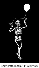 A human skeleton with a balloon. Halloween party. A dancing skeleton pose. Great for greeting cards, invitations, tattoo, for printing on T-shirts and more. Happy Halloween!