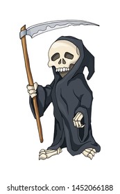 Human Skeleton in Black Robe Standing with Scythe, Symbol of Death, Cartoon Character Vector Illustration isolated on white. Colorful book page design for kids and children, sticker or game asset