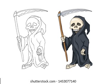 Human Skeleton in Black Robe Standing with Scythe, Symbol of Death, Cartoon Character Vector Illustration isolated on white. Colorful book page design for kids and children, sticker or game asset