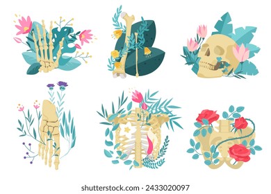 Human skeleton bones in flowers set. Floral pattern and skull, beautiful roses and pelvic bones, hand and foot with wild pink flowers, romantic poetry of death collection cartoon vector illustration
