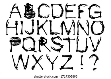 Human skeleton bones latin alphabet. Halloween font on white background