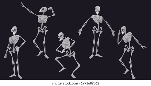 Human skeleton character in different poses isolated on black background. Vector set of cartoon smiling skeleton, dancing body from bones and skull. Halloween emoji set of dead man