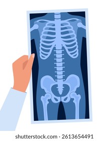 Human skeleton chest x ray image. Torso roentgen shot. Medical analyzing. Anatomical bone medicine laboratory radial scan picture. Roentgen shot in doctors hand. Vector illustration