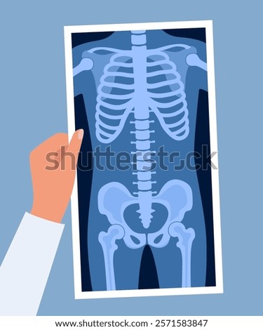 Human skeleton chest x ray image. Torso roentgen shot. Medical analyzing. Anatomical bone medicine laboratory radial scan picture. Roentgen shot in doctors hand. Vector illustration