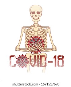 Human skeleton with coronavirus covid-19, isolated, vector illustration