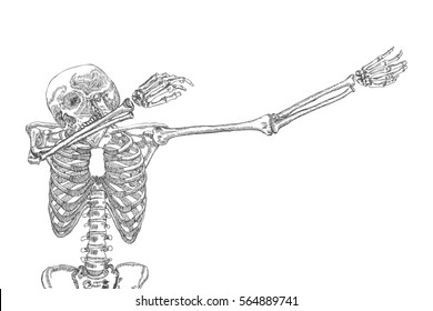 Human skeleton dancing DAB, perform dabbing move gesture, posing on white background. Vector.