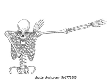 Human skeleton dancing DAB, perform dabbing move gesture, posing on white background. Vector.