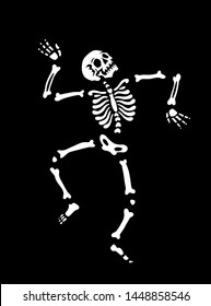 The human skeleton is dancing. Pose of a dancing skeleton. illustration for halloween. Isolated on black background. Great for greeting cards, invitations, for printing on T-shirts and more.