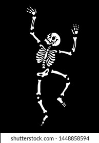 The human skeleton is dancing. Pose of a dancing skeleton. illustration for halloween. Black background. Great for greeting cards, invitations, for printing on T-shirts and more.