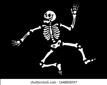 The human skeleton is dancing. Pose of a dancing skeleton. illustration for halloween. Black background. For greeting cards, invitations, for printing on T-shirts and more.