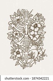 Human skeleton floral ribs pelvis bones torso svg human anatomy flower print nursing school anatomical poster silhouette svg