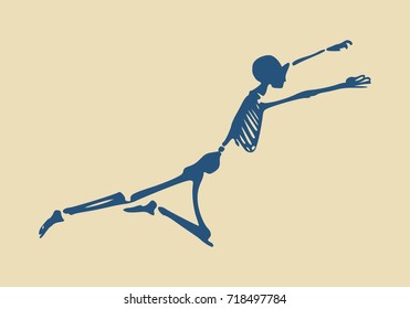 Human skeleton flying. Vector illustration. Halloween party design template