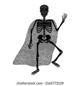 Human skeleton in gray cloak decorated with cobwebs. Halloween character raised his hand in greeting.Vector hand drawn isolated illustration.Trick or treat event decoration.Print on fabric and paper.