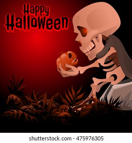 Human skeleton in a grey cloak sitting on a rock and talking to a pumpkin. Sketch for a postcard or poster for the holiday Halloween. Vector illustration.