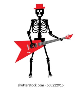 Human Skeleton with Guitar. Crazy Punk  Rock Guitarist with Red Hat Vector Cartoon.