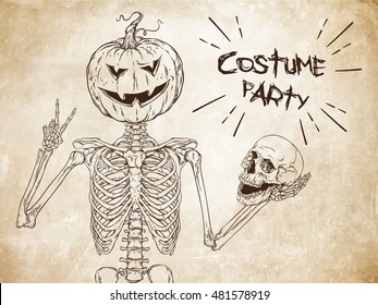 Human skeleton with halloween pumpkin instead of head posing over old grunge paper background vector illustration. Halloween costume party flyer design