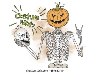 Human skeleton with halloween pumpkin instead of head isolated posing over grunge background vector illustration. Halloween costume party flyer design