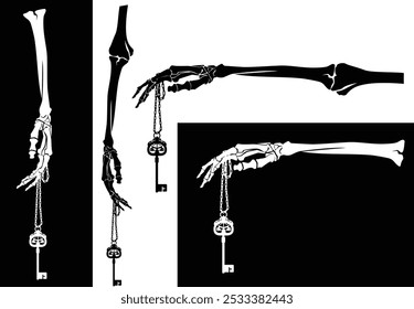 human skeleton hand holding antique key with chain hanging down - spooky halloween mystery black and white vector design set