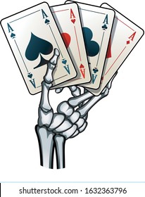 human skeleton hand holding four aces