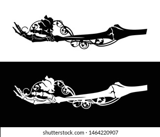 Human Skeleton Hand Holding Rose Flower Black And White Vector Silhouette Design