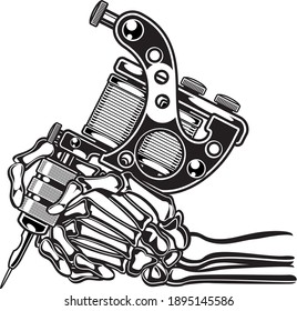 human skeleton hand holding tattoo machine